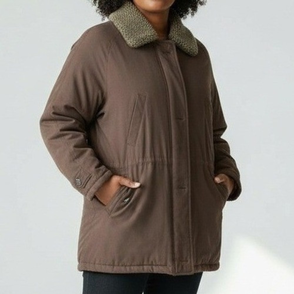 Talbots‎ Coat Women Med Brown Winter Faux Fur Collar Comfort Preppy Outdoor